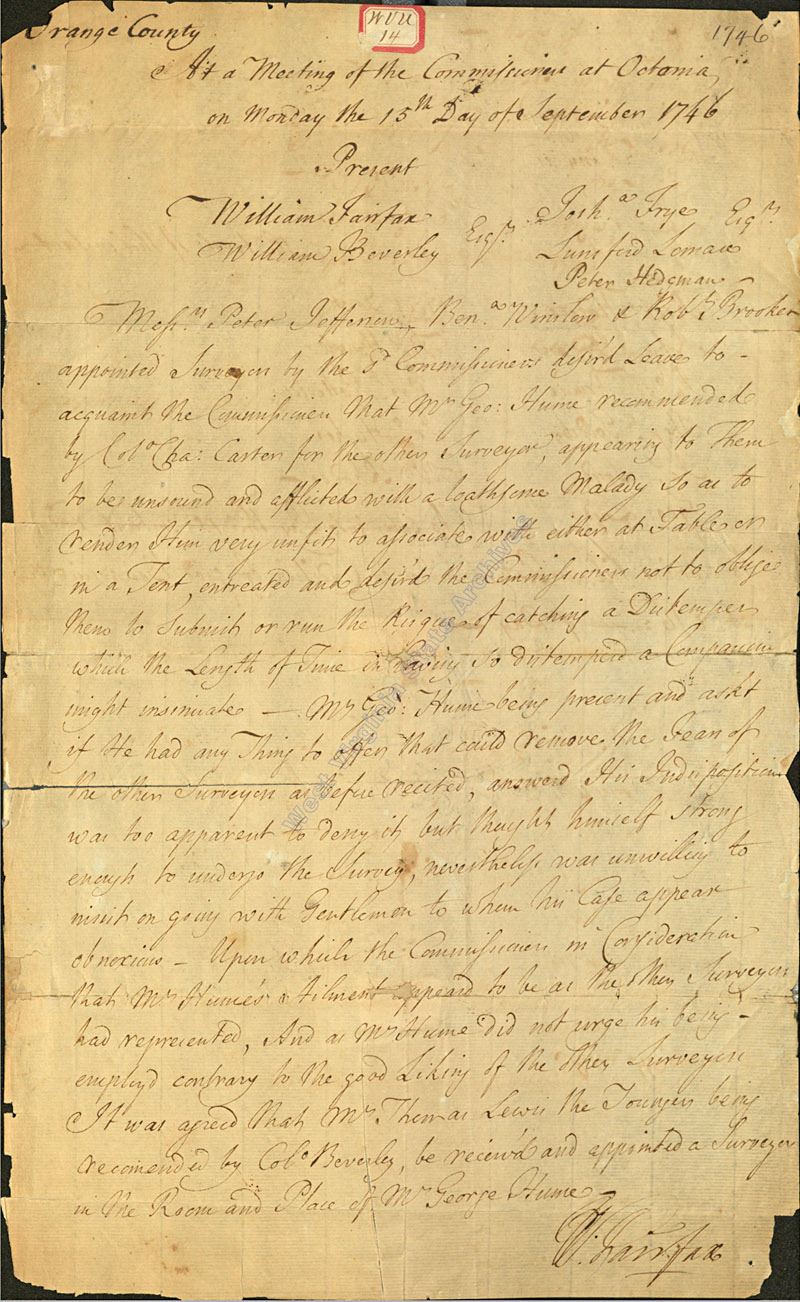 Records of meeting of the commissioners appointed to run the boundary line of the land grant of Lord Fairfax, which included the eastern panhandle of West Virginia, 1746. (Ms79-3)