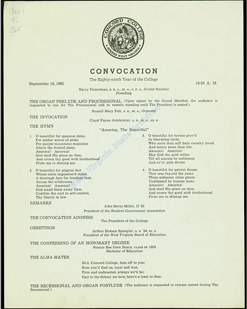 Concord University Convocation, 1963. During the ceremony an honorary degree was conferred upon Nannie Bee Gore Hearn, class of 1883. (Xco 1.9:C65)
