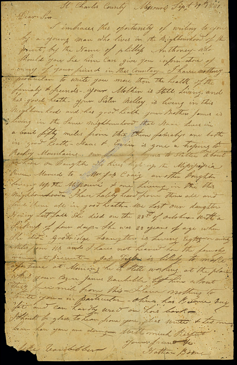 Letter from Nathan Boone of St. Charles, MO, to his nephew Jesse Van Bibber, 1831. (Ms80-179)