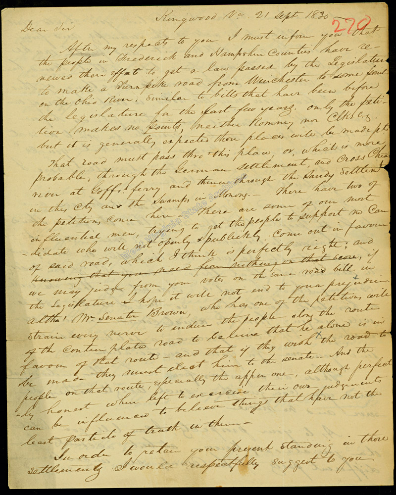Joseph M. Starling letter to Charles S. Morgan concerning a bill to build a turnpike road from Winchester to a point along the Ohio River, 1830. (Ms79-1)