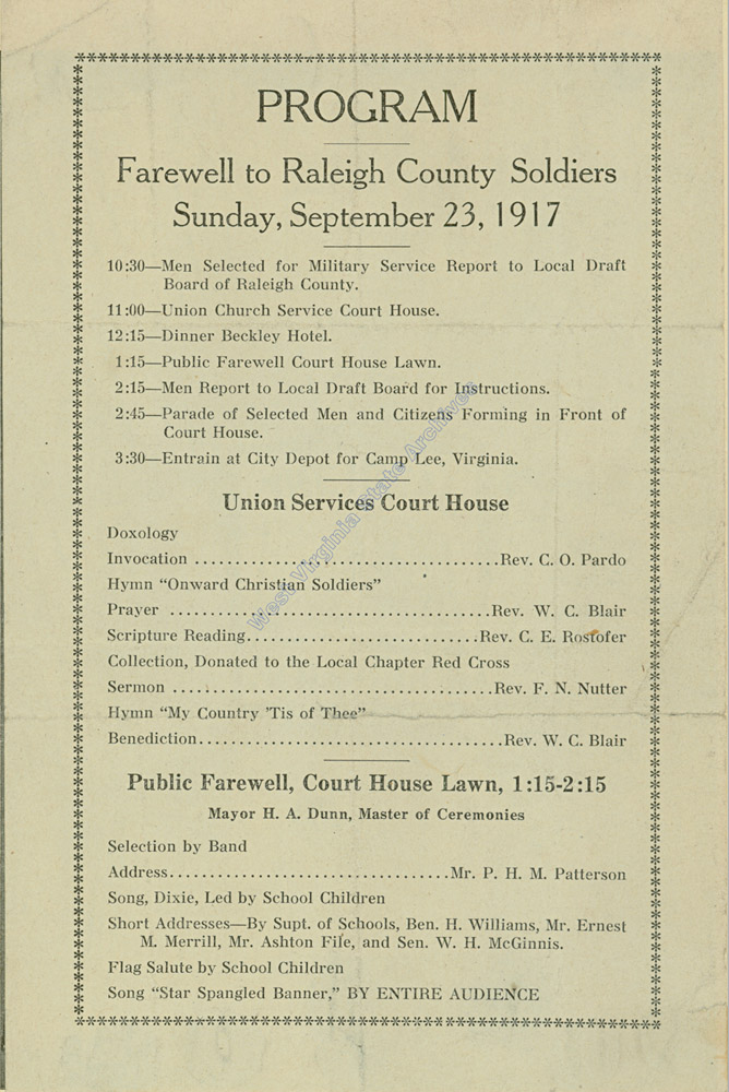 Program, Farewell to Raleigh County Soldiers, 1917. (Ms2006-104)