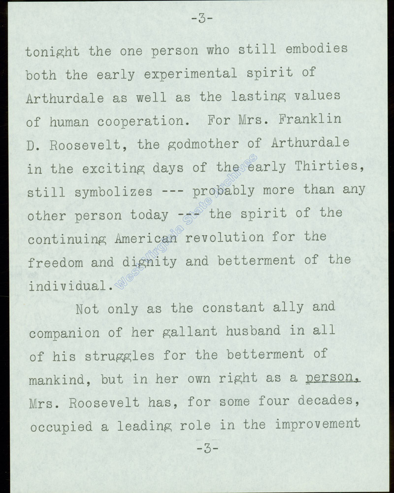 Remarks made by Senator Jennings Randolph introducing Eleanor Roosevelt at the dedication of the Arthurdale Community Presbyterian Church, 1960. (Ms2017-016)