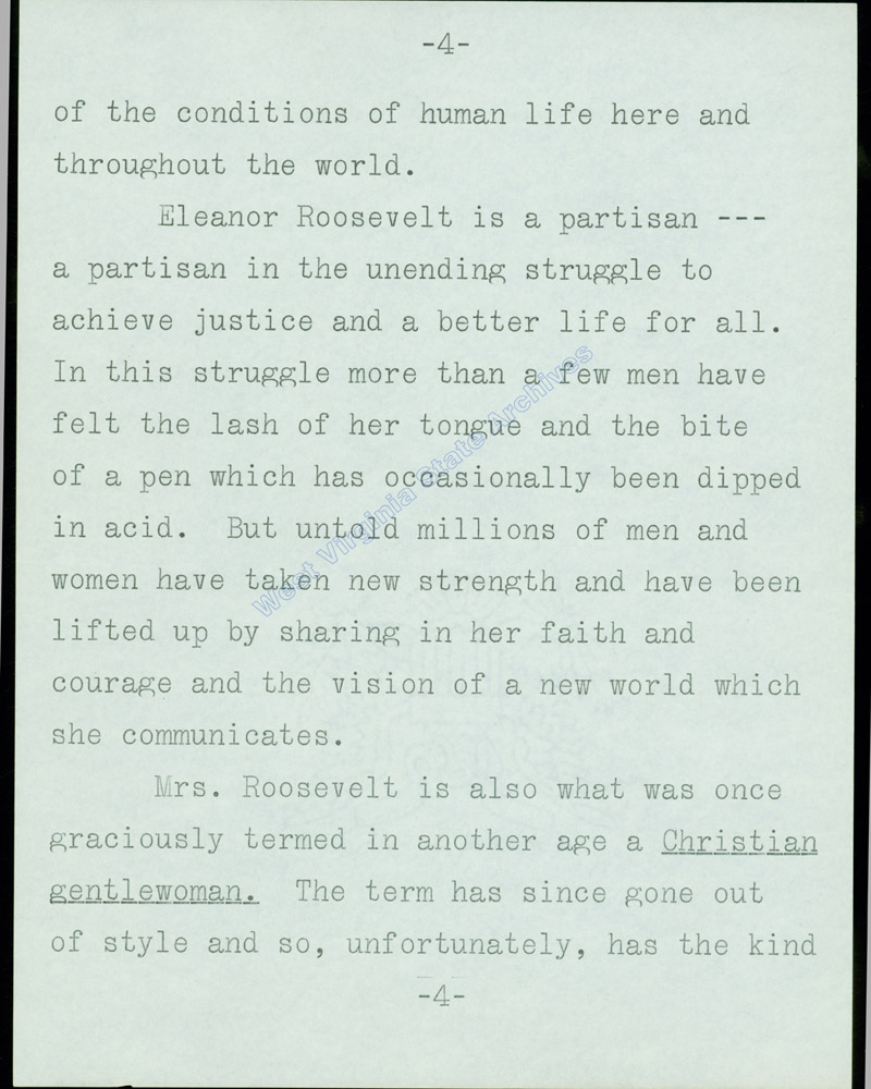 Remarks made by Senator Jennings Randolph introducing Eleanor Roosevelt at the dedication of the Arthurdale Community Presbyterian Church, 1960. (Ms2017-016)