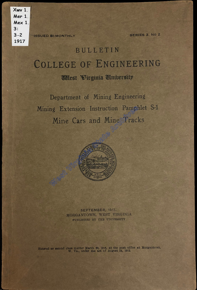 Cover of the Mining Extension Instruction Pamphlet S-1, 1917. (Xwv 1. Mer 1. Mex 1. 3: 3-2)