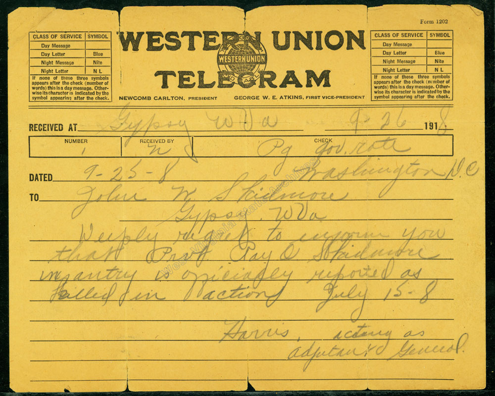 Telegram announcing death of Ray Skidmore during action, 1918. (Ms94-48)