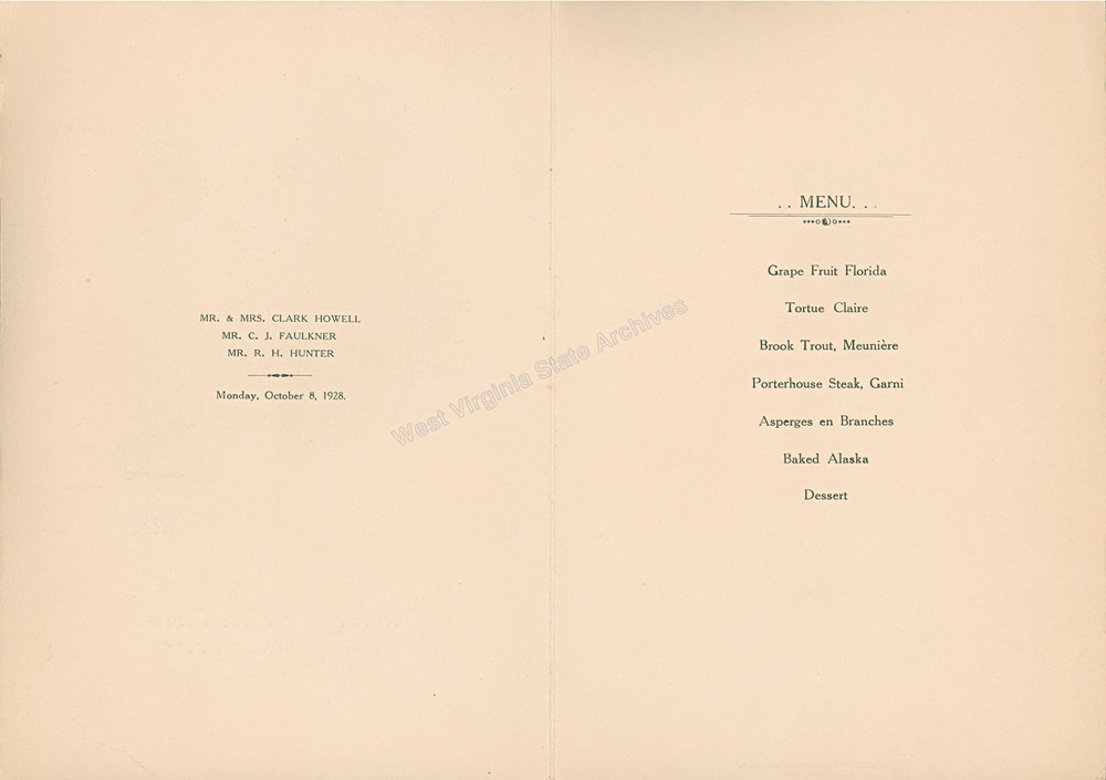 Menu from the RMS Majestic, 1928. Built in Germany as the Bismarck, she was transferred to Great Britain following World War I as a war reparation. When she went into service for White Star Line in 1922, the ship was billed as the Worlds Largest Ship. (Ms2008-100)