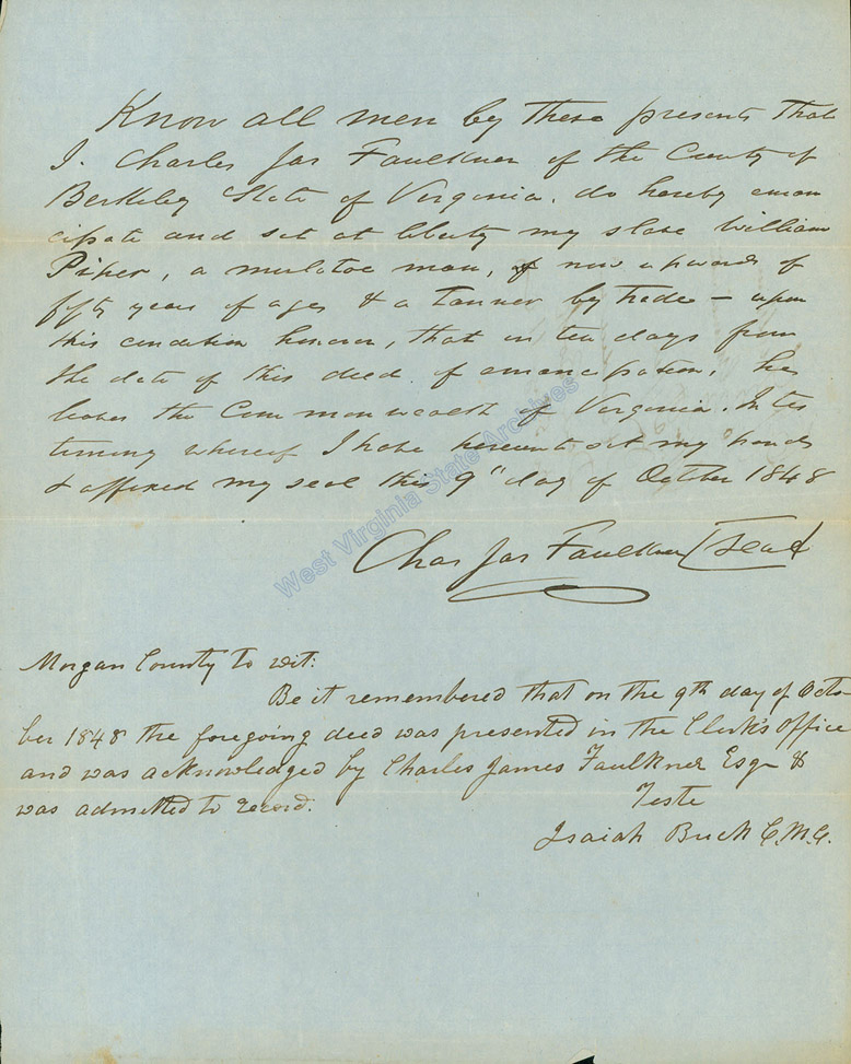 Charles James Faulkner, emancipation of slave William Piper, October 9, 1848. (Ar2089)