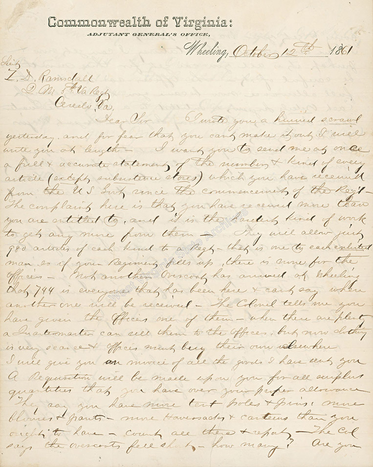 Letter and invoice of materials sent by Capt. John H. Oley to the 5th West Virginia Infantry, October 12, 1861. (Ms2009-096)