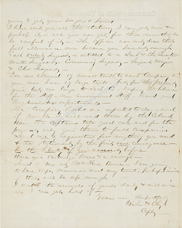 Letter and invoice of materials sent by Capt. John H. Oley to the 5th West Virginia Infantry, October 12, 1861. (Ms2009-096)