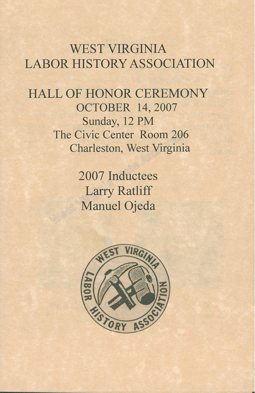 West Virginia Labor History Hall of Honor ceremony program, 2007. (Sc2008-070)