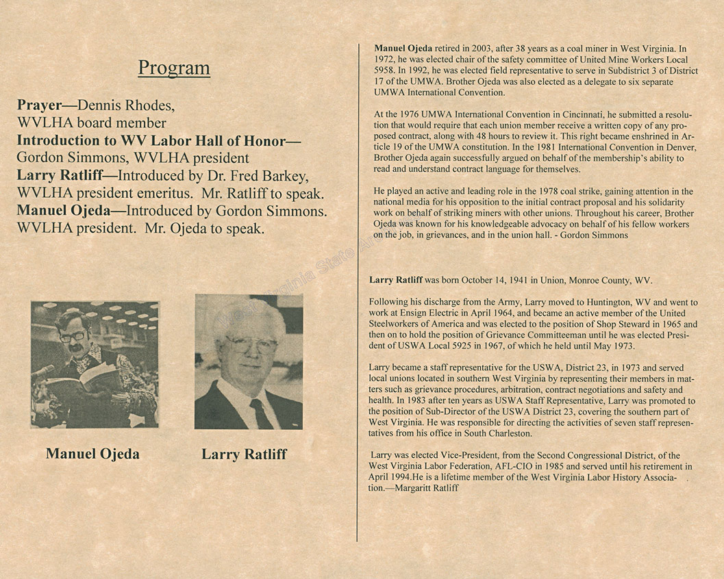 West Virginia Labor History Hall of Honor ceremony program, 2007. (Sc2008-070)
