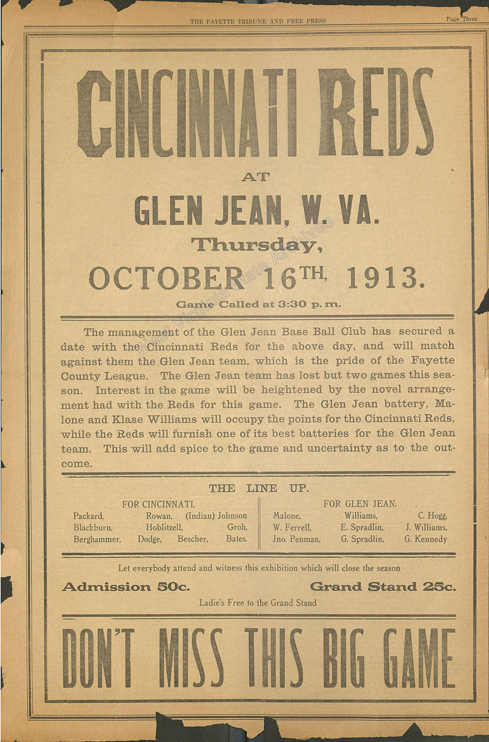 Fayette Tribune advertisement for baseball game featuring Cincinnati Reds at Glen Jean, October 9, 1913. (MN-17)