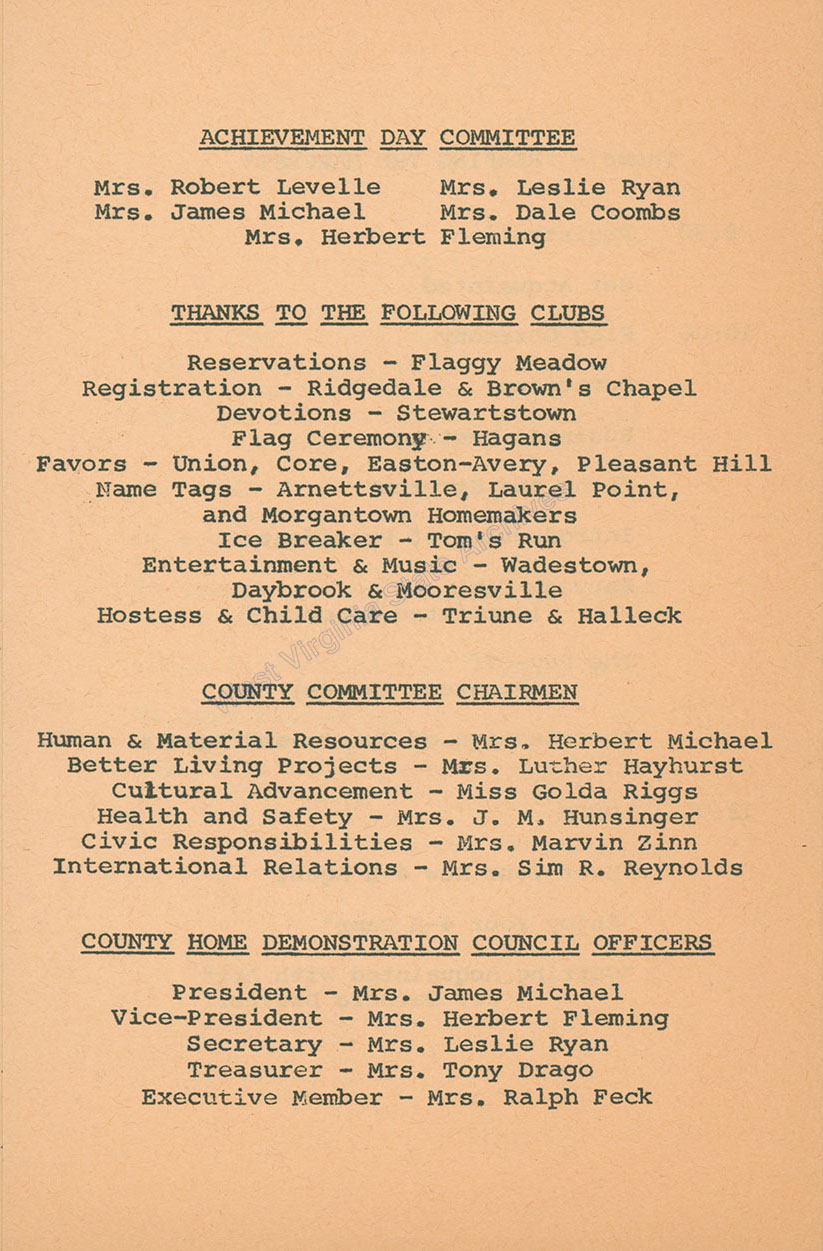 Achievement Day, Reaping the Harvest program from Monongalia County Home Demonstration Council, Camp Muffly, 1966. (Ms2018-001)