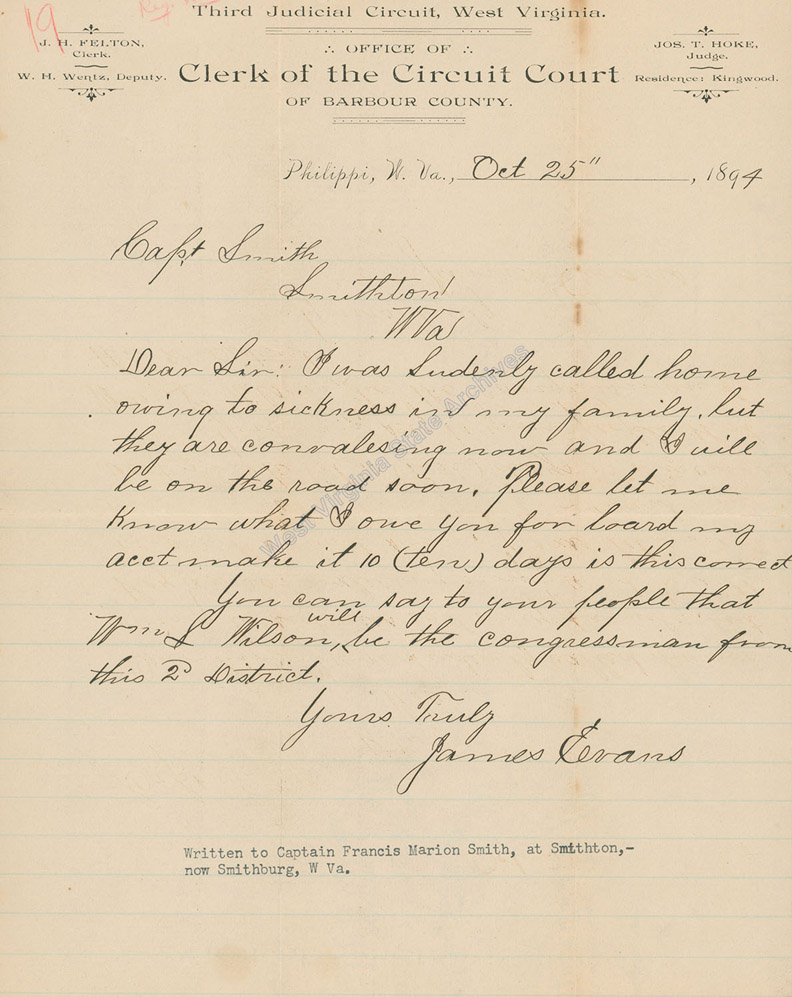 James Evans letter from Barbour County to Capt. Francis Marion Smith at Smithton (now Smithburg), 1894. (Ms78-10)