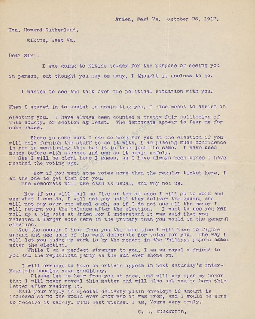 C. L. Duckworth, request for money to buy election votes, 1912. (Ms83-2d)