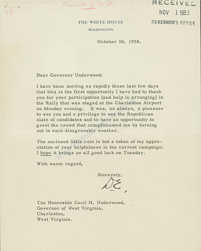 Dwight D. Eisenhower letter of gratitude to Cecil Underwood, 1958. (Ar1803)