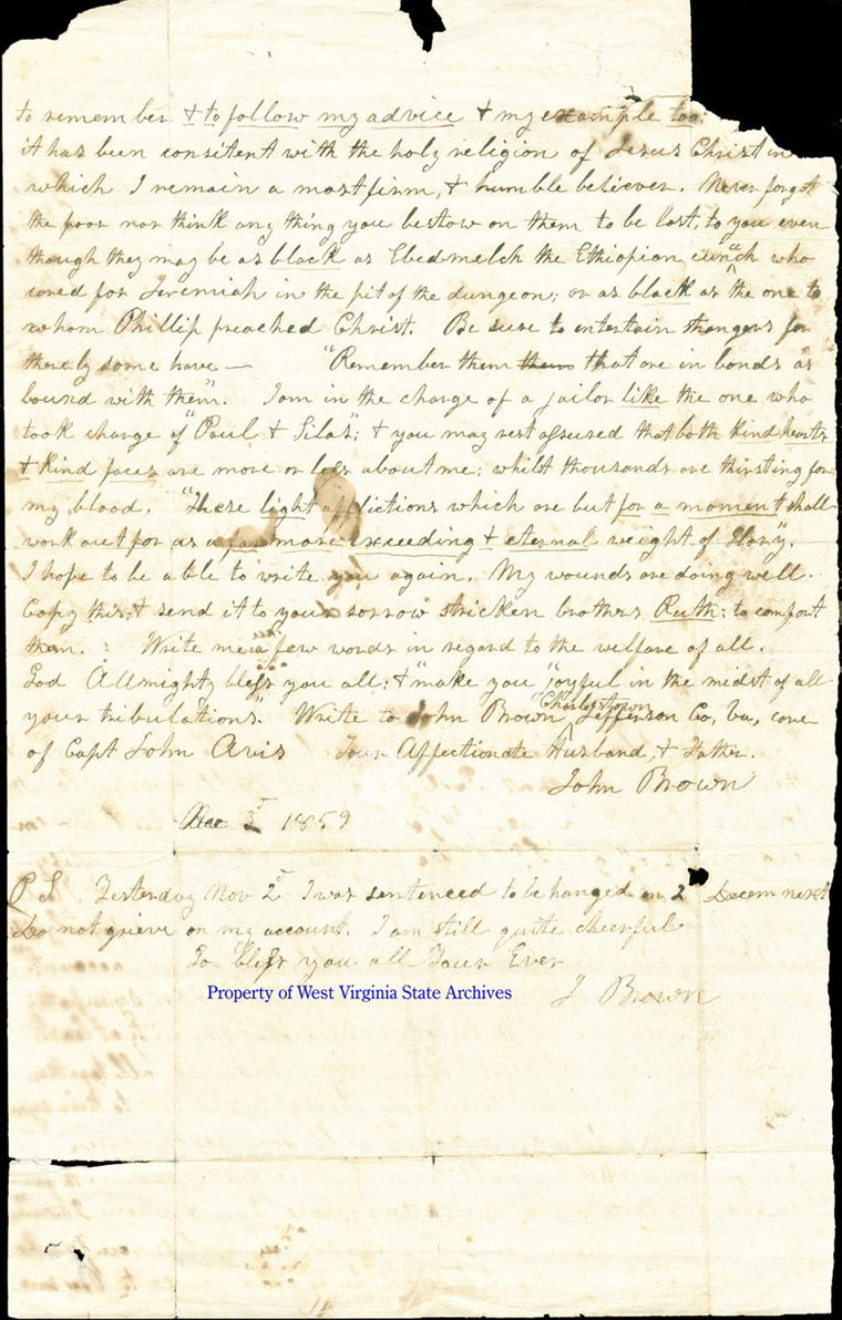John Brown letter to wife, Mary, written from prison and describing the raid on Harpers Ferry, 1859. (78-1)