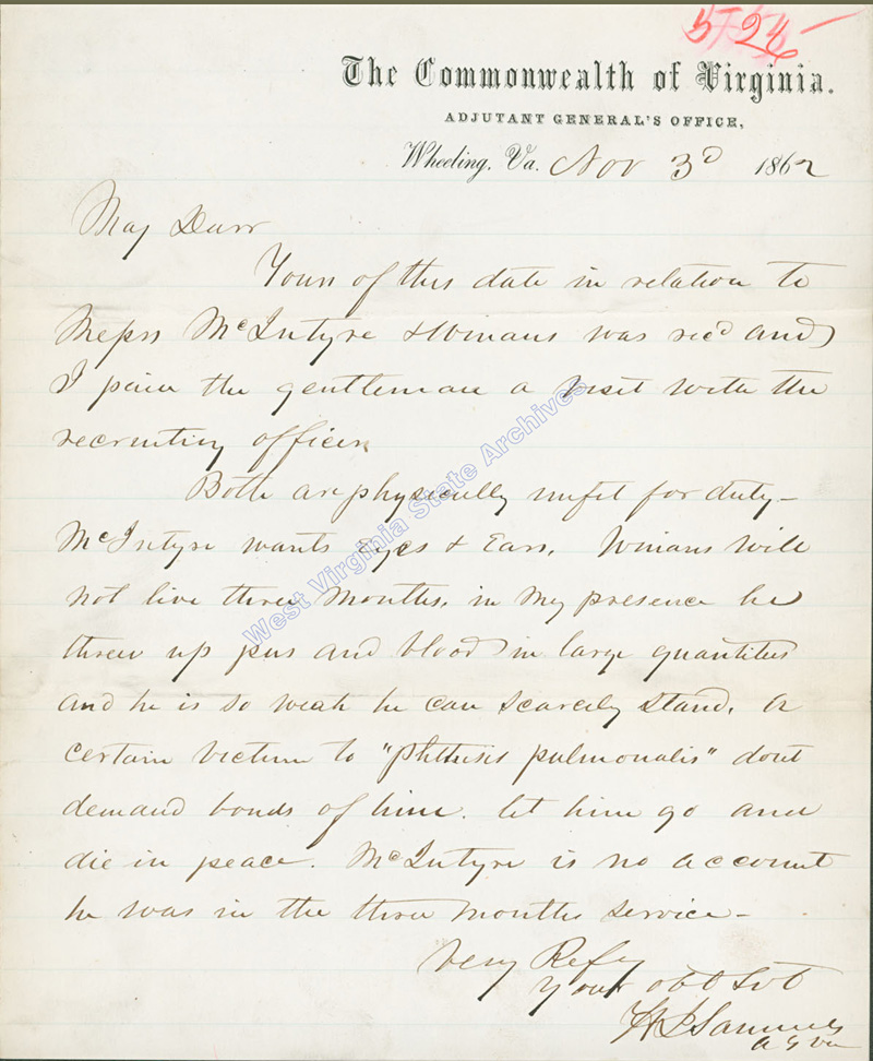 Correspondence from Henry J. Samuels to Joseph Darr Jr., Wheeling, 1862. Finding two prisoners physically unfit for military duty, Samuels asked that both be released from duty. (Ar1722)