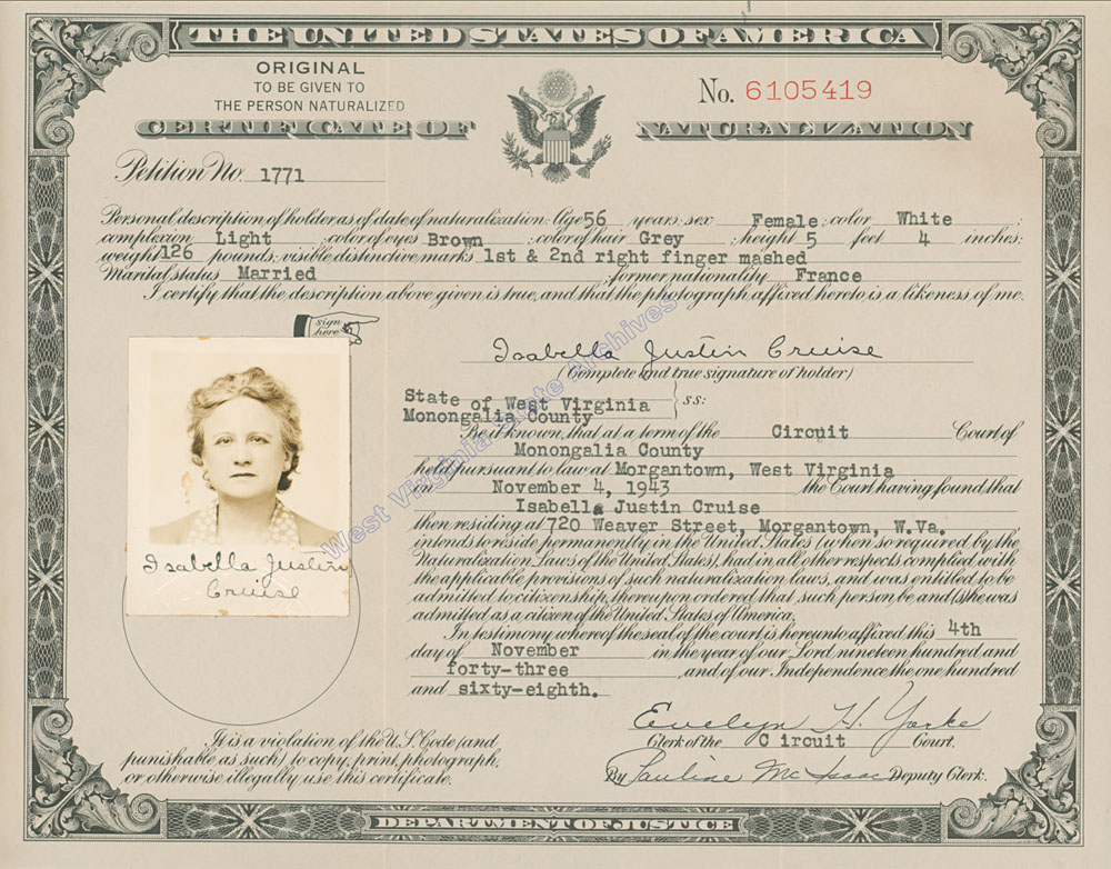 Certificate of Naturalization for Isabella Justin Cruise, 1943. (Ms91-34)