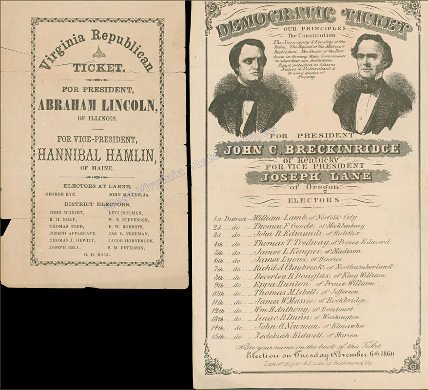 Political tickets for 1860 election - Virginia Republican ticket Lincoln/Hamlin and Democratic ticket Breckinridge/Lane. (Sc89-20)