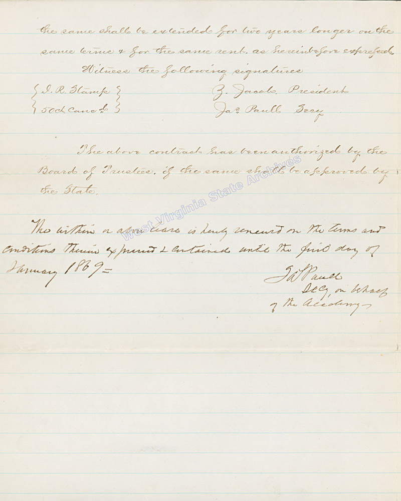 Linsly School contract with State for use of Academy building and grounds therewith connected as the first state capitol building, 1863. (Ar1748)