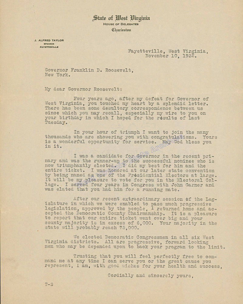 J. Alfred Taylor letter of congratulations to Franklin D. Roosevelt, 1932. (Ms2018-005)