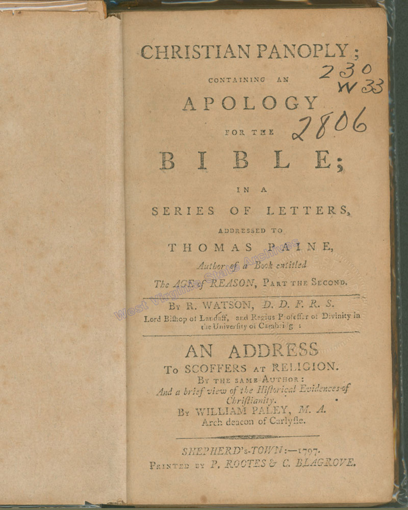 Title page for the Christian Panoply, the first book printed in present-day West Virginia, 1797. (RB)