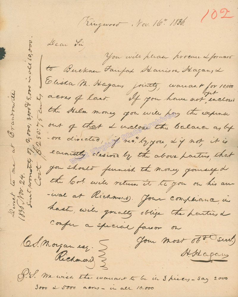 H. Hagan letter to Charles S. Morgan regarding warrant for 10,000 acres of land, 1836. (Ms79-1)