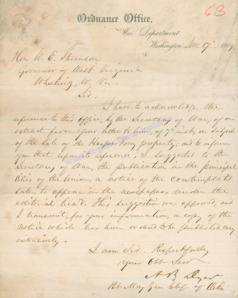 Letter, Alexander B. Dyer, Chief of Ordnance of the United States Army, to Governor William E. Stevenson concerning possible sale of Harpers Ferry property, 1869. (Ar1724)