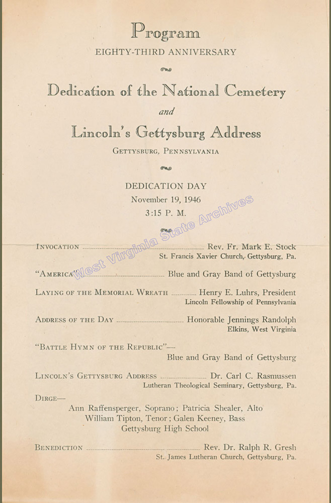 Program for the Eighty-Third anniversary of the dedication of National Cemetery and Gettysburg Address, 1946. (Ms2017-016)