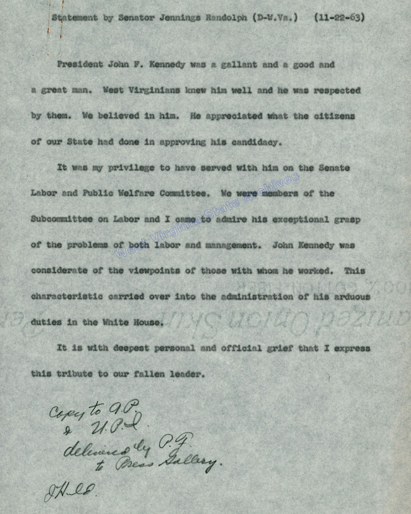 Statement by Senator Jennings Randolph regarding death of President John F. Kennedy, 1963. (Ms2017-016)