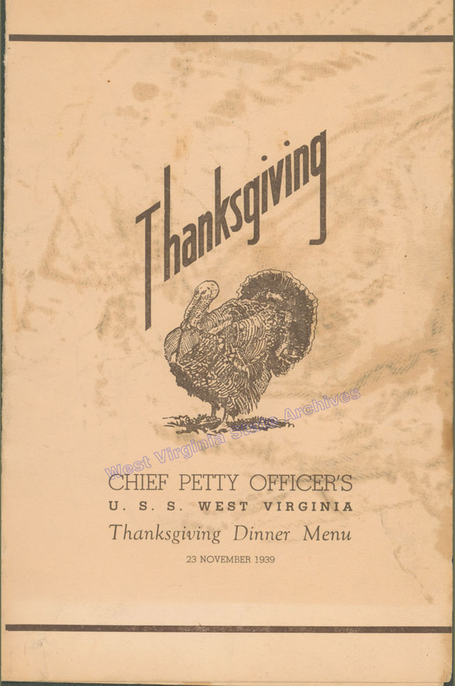 Chief Petty Officers Thanksgiving menu, USS West Virginia, 1939. (Sc2002-030)