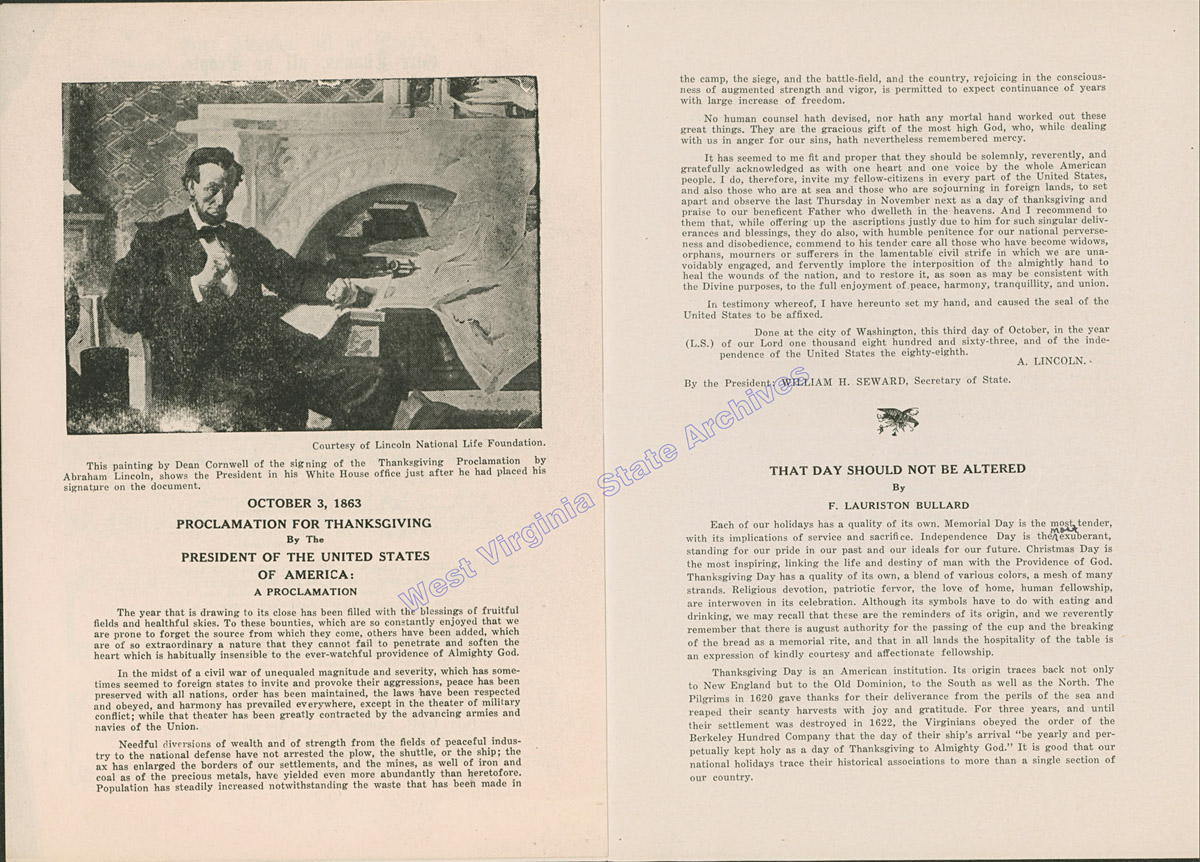 Reprint of Lincoln's 1863 Thanksgiving Proclamation, 1945. (Ms78-1)