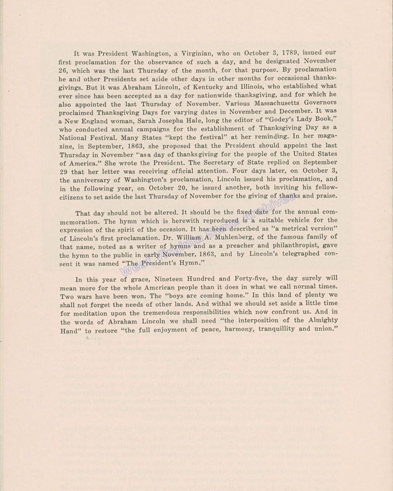 Reprint of Lincoln's 1863 Thanksgiving Proclamation, 1945. (Ms78-1)