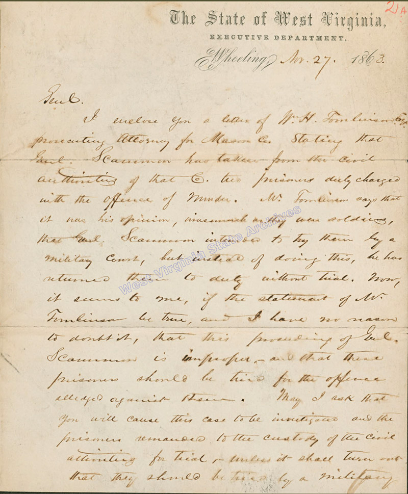 Governor Arthur I. Boreman letter to Brig. Gen. Benjamin F. Kelley, regarding complaint about seizure of prisoners by General Scammon, 1863. (Ar1723)