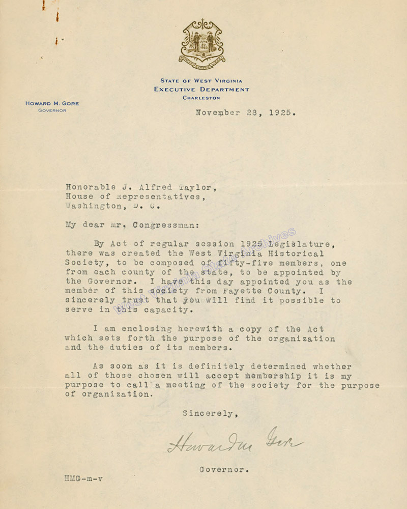 Correspondence from Governor Howard M. Gore to J. Alfred Taylor informing him of his appointment to the West Virginia Historical Society, 1925. (Ms2018-005)