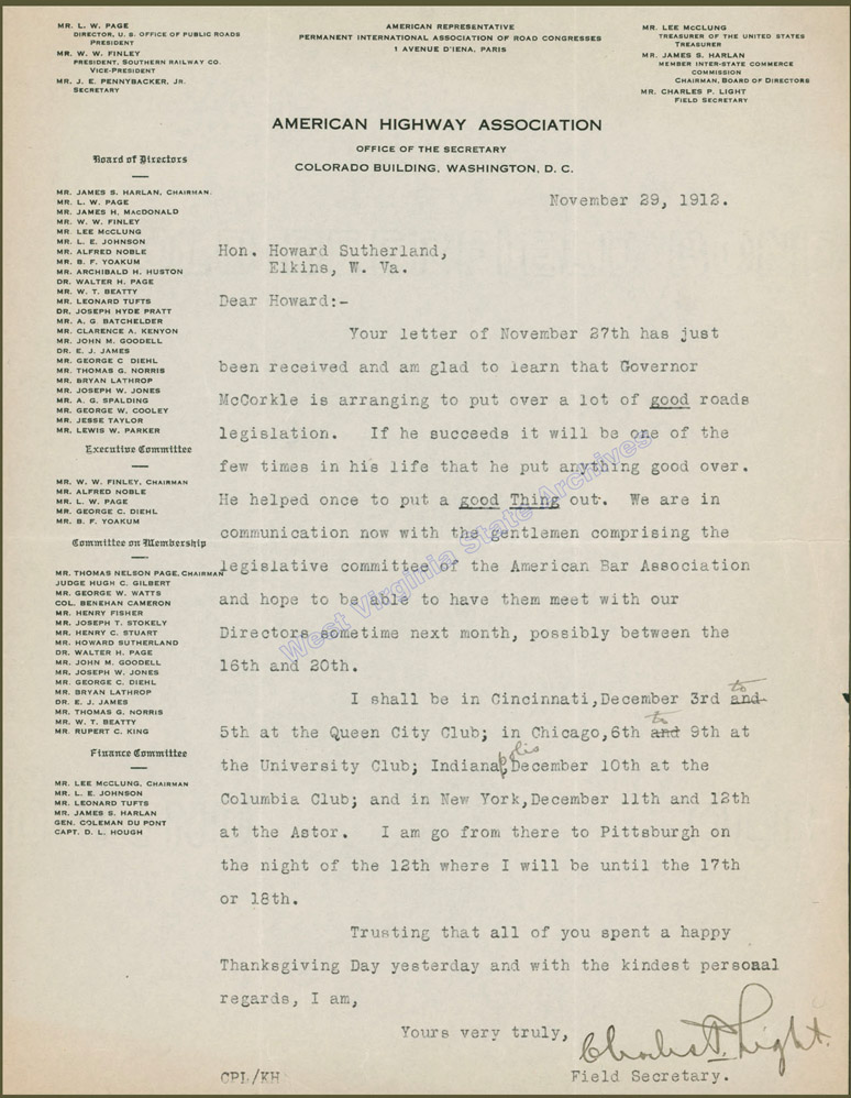 Letter from Charles P. Light to Senator Howard Sutherland expressing happiness over proposed good roads legislation, 1912. (Ms83-2)