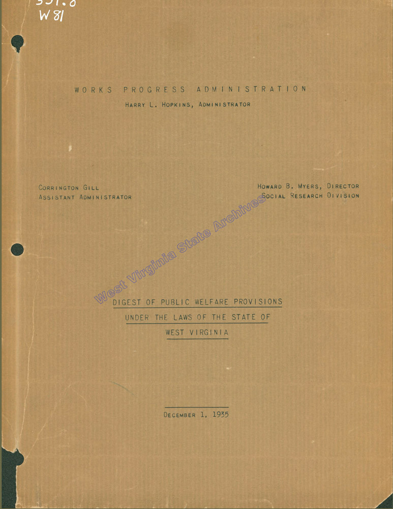 Cover of the Digest of Public Welfare Provisions under the Laws of the State of West Virginia produced by the Works Progress Administration, 1935. (Ms2016-018)