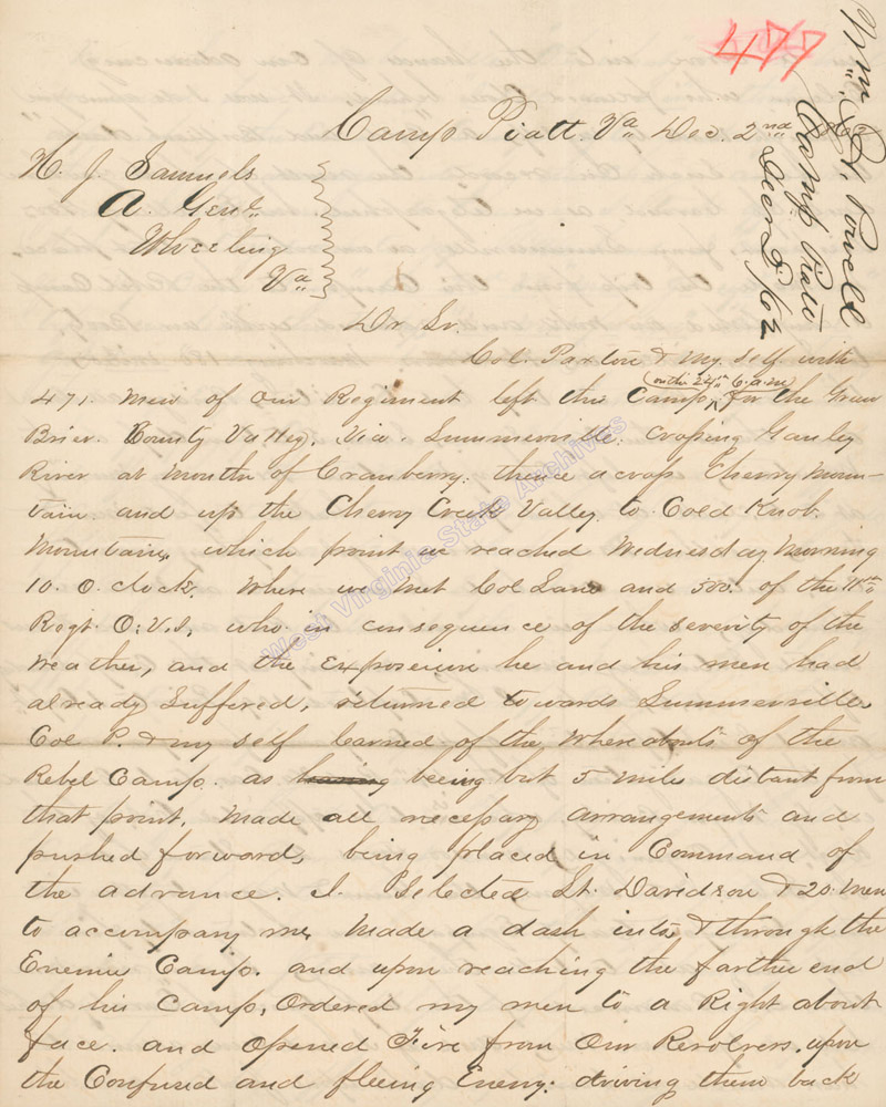 Major (later General) William Powell letter telling of a cavalry dash and subsequent capture of Confederate troops, 1862. (Ar1722)