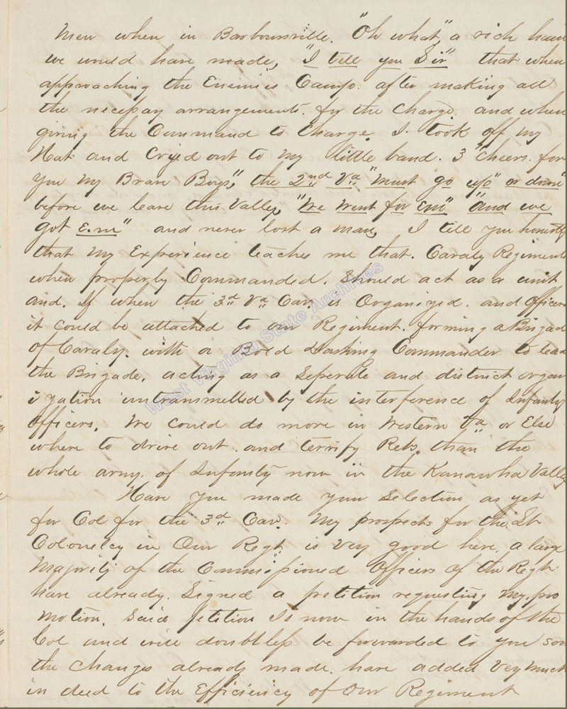 Major (later General) William Powell letter telling of a cavalry dash and subsequent capture of Confederate troops, 1862. (Ar1722)