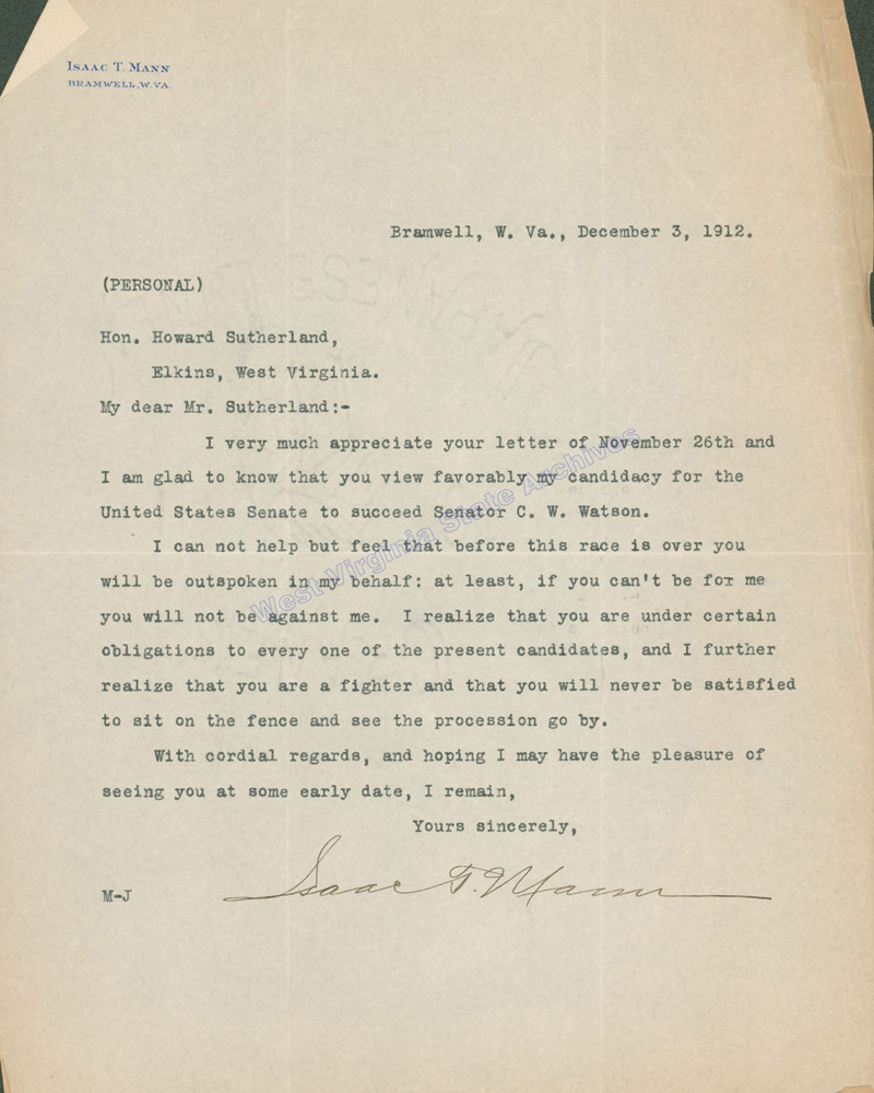 Letter from Isaac T. Mann to Howard Sutherland, 1912. Mann was a candidate for the U.S. Senate. (Ms83-2)