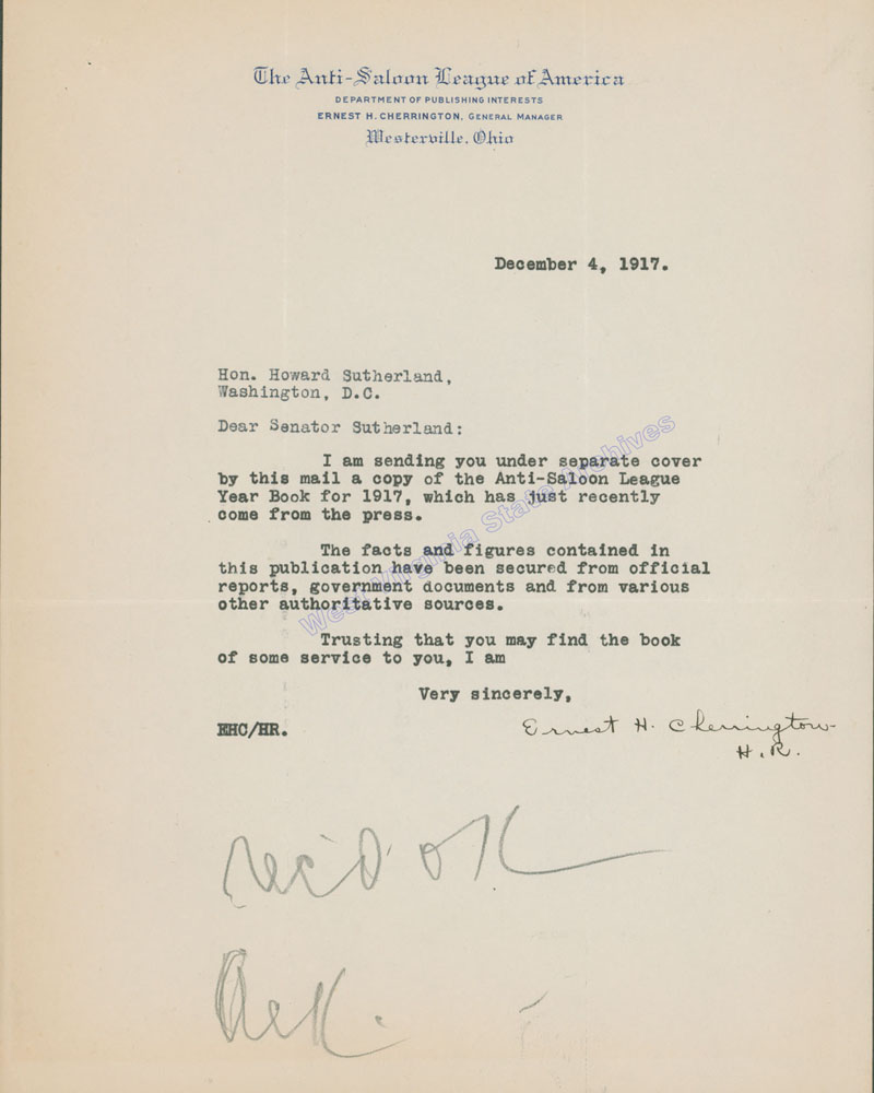 Anti-Saloon League of America letter notifying Howard Sutherland that a copy of Anti-Saloon yearbook has been sent, 1917. (Ms83-2)
