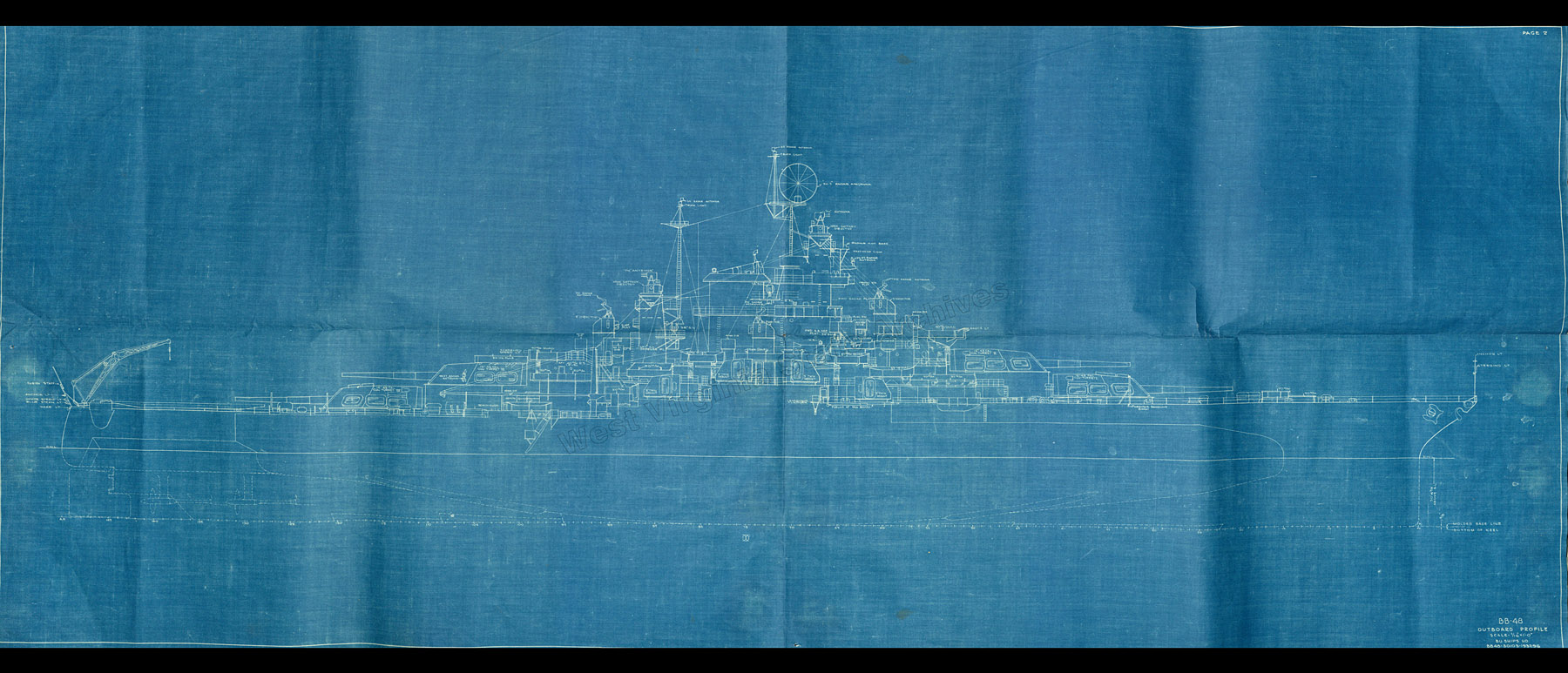 Plan, outboard profile of the USS West Virginia, 1944. (Sc89-51acc)