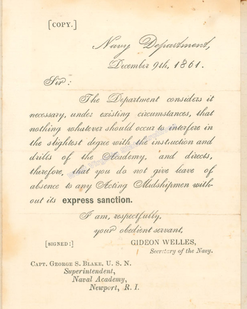 U.S. Navy Department circular from Gideon Welles, Secretary of the Navy, relating to the Naval Academy, 1861. (Ms2008-100)