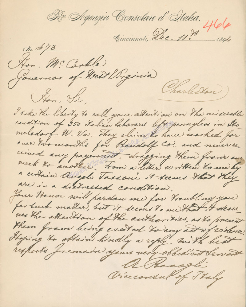 Letter to Governor William MacCorkle explaining the condition of Italian laborers in West Virginia, 1894. (Ar1730)