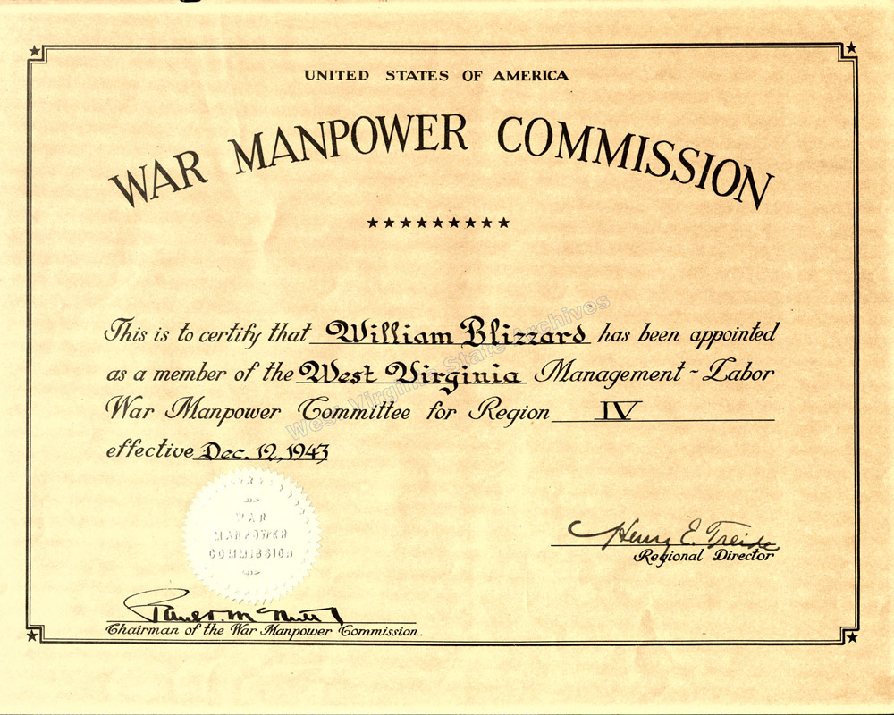 War Manpower Commission certificate of apppointment for William Blizzard, 1943. (Ms97-24)