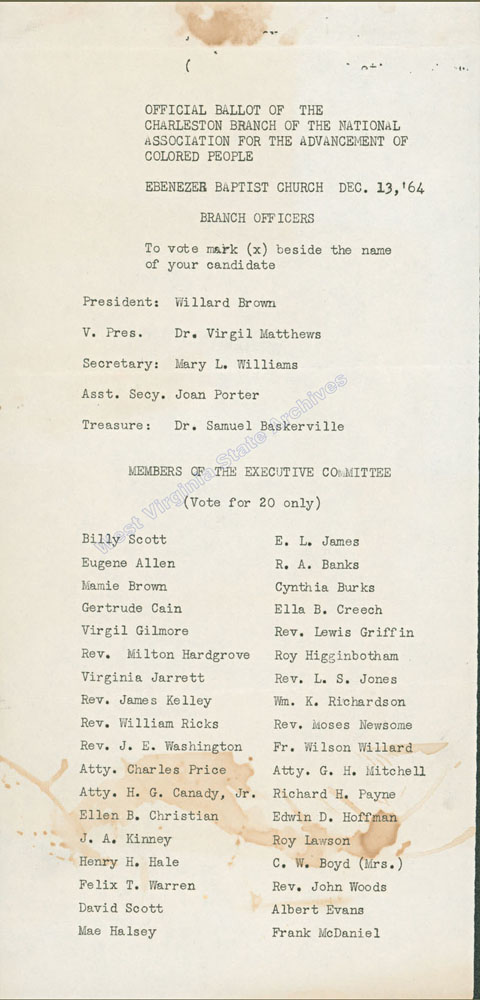 Official Ballot of the Charleston Branch of the NAACP, Ebenezer Baptist Church, 1964. (Ms2009-009)
