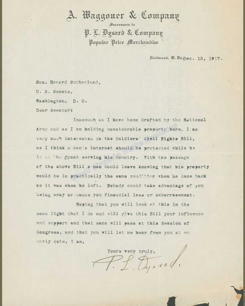 Letter from P. L. Dysard requesting Senator Howard Sutherlands support of the Soldiers' Civil Rights Bill regarding soldiers and their property, 1917. (Ms83-2)