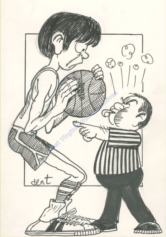 James F. Dent editorial cartoon depicting a basketball player towering over a referee, undated. (Sc93-25)