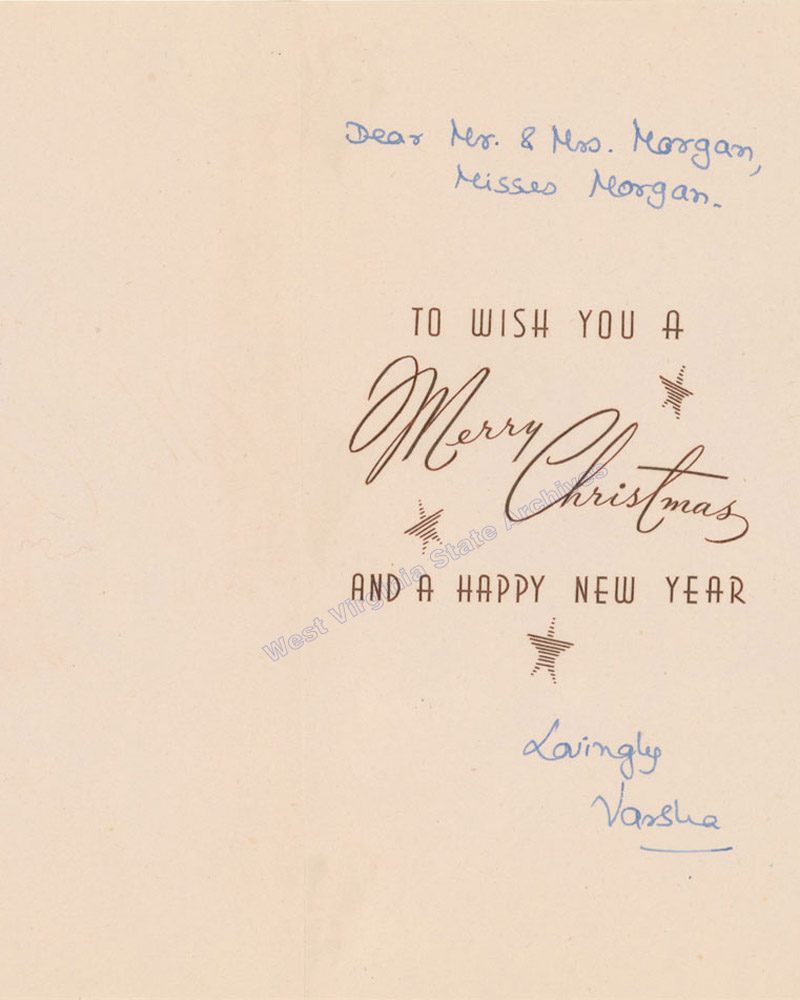 Christmas card to Mr. and Mrs. John Morgan from Varsha, a friend met during an 18-month research trip to India and Pakistan. Morgan was a writer for the Charleston Gazette. (Ms2017-009)